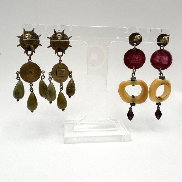 Vintage Boho Artisan Statement Earring Bundle Brass Tone Dangles Hoop - Picture 15 of 16